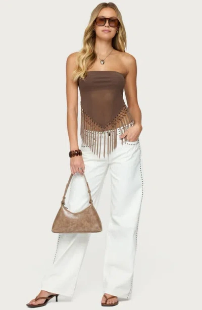 Edikted Backless Sheer Mesh Strapless Top In Brown