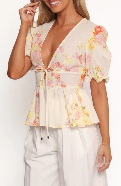 Petal And Pup Petal & Pup Duchess Ruffle Hem Puff Sleeve Top In Neutral