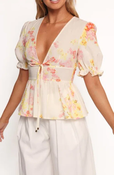 Petal And Pup Petal & Pup Duchess Ruffle Hem Puff Sleeve Top In Neutral