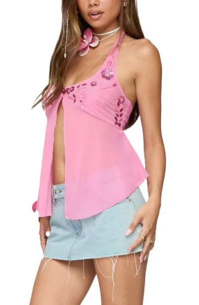 Edikted Floral Sequin Split Chiffon Halter Top In Purple