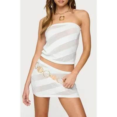 Edikted Carson Sheer Stripe Strapless Knit Top In White