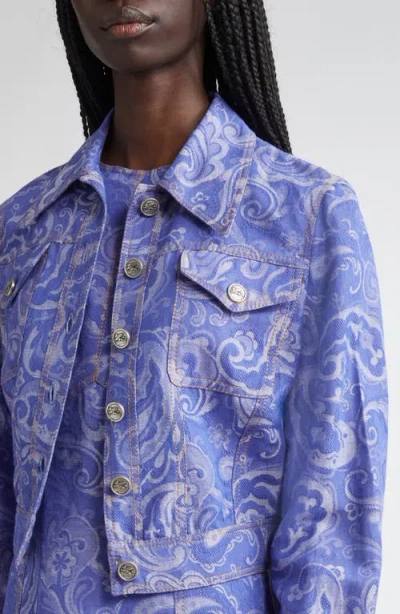 Etro Printed Cotton-linen Denim Jacket In Blue