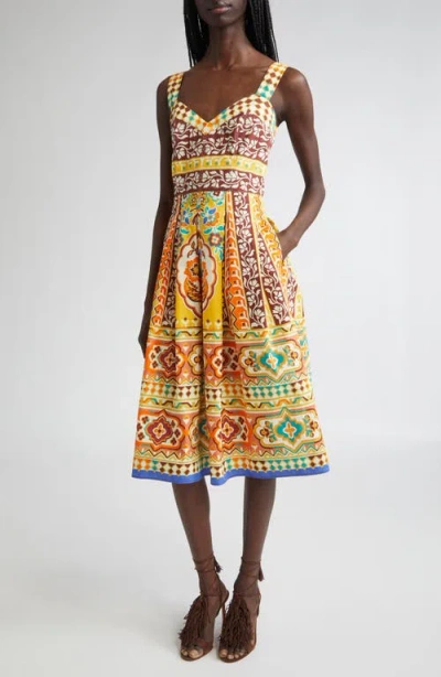 Etro Pleated Printed Cotton-poplin Midi Dress In Yellow
