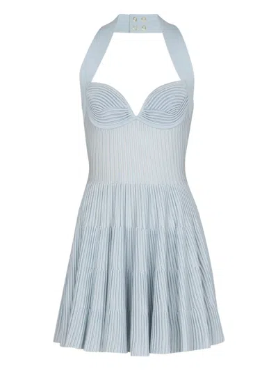 Balmain Textured Knit Halterneck A-line Dress In Blue
