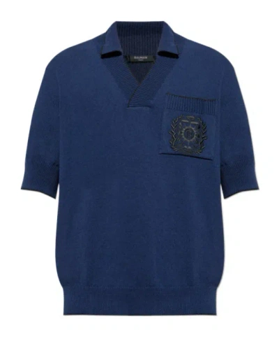 Balmain Emblem Embroidered Polo Knit T-shirt In Blue