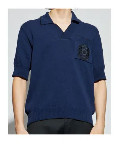 Balmain Emblem Embroidered Polo Knit T-shirt In Blue