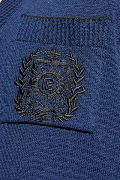Balmain Emblem Embroidered Polo Knit T-shirt In Blue