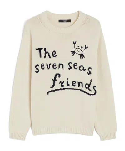 Weekend Max Mara Max Mara Weekend Ivory Cotton Blend Sweater With Collection Motif Inlaid On The Fro In White