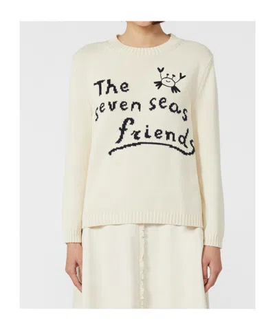 Weekend Max Mara Max Mara Weekend Ivory Cotton Blend Sweater With Collection Motif Inlaid On The Fro In White