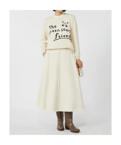 Weekend Max Mara Max Mara Weekend Ivory Cotton Blend Sweater With Collection Motif Inlaid On The Fro In White