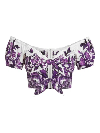 Dolce & Gabbana Majolica Off Shoulder Cropped Top Knot Detail In Purple