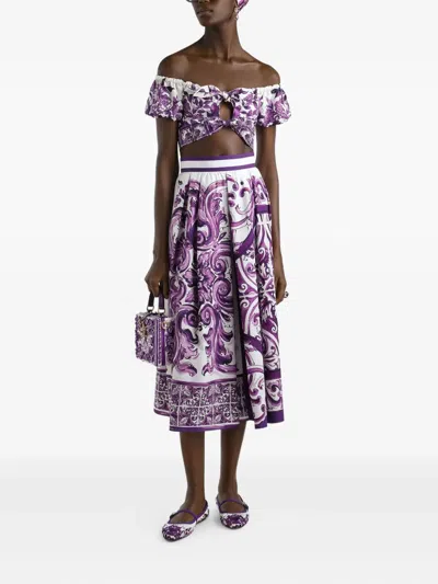 Dolce & Gabbana Majolica Off Shoulder Cropped Top Knot Detail In Purple