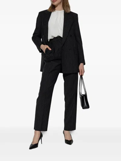 Max Mara Black Pinstriped Double-breasted Wool Jacket In Black