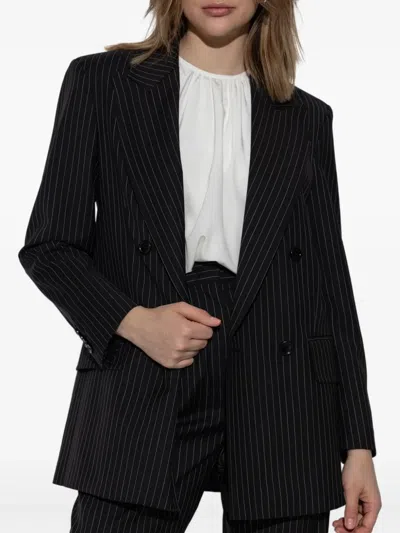 Max Mara Black Pinstriped Double-breasted Wool Jacket In Black