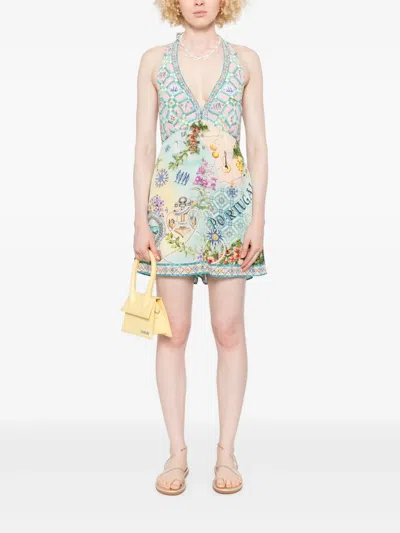 Camilla Graphic Print Silk Jumpsuit With Halterneck Tie And V-neckline In Neutral