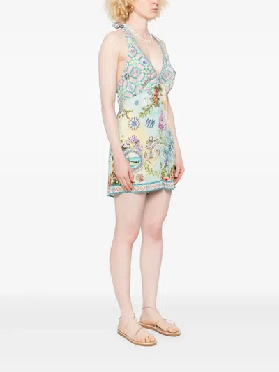 Camilla Graphic Print Silk Jumpsuit With Halterneck Tie And V-neckline In Neutral