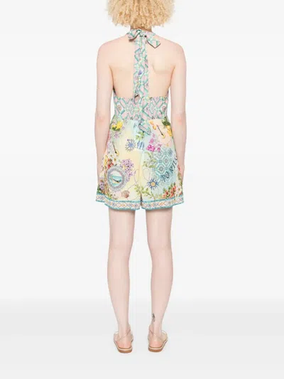 Camilla Graphic Print Silk Jumpsuit With Halterneck Tie And V-neckline In Neutral