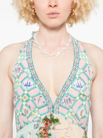 Camilla Graphic Print Silk Jumpsuit With Halterneck Tie And V-neckline In Neutral