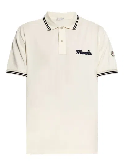 Moncler Mens Logo-embroidery Stripe-trim Cotton-jersey Polo Shirt Cream In Neutral