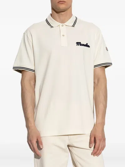 Moncler Mens Logo-embroidery Stripe-trim Cotton-jersey Polo Shirt Cream In Neutral