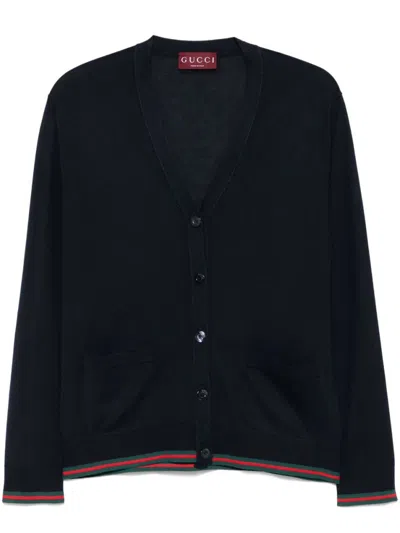 Gucci Women Blue Cardigan With Web Detail On The Edges In Cashmere And Silk Blend Woman In Black