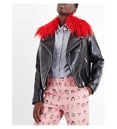 Shop Shrimps Gigi Two-collar Patent Jacket In Navy/red Shearling