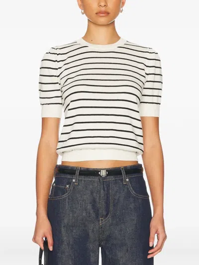 Frame The Gathered Short Sleeve Sweater In Cream Multi In White