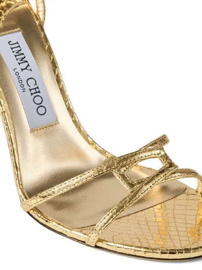 Jimmy Choo Snake-embossed 1998 Leo Metallic Leather Ankle-strap Sandals In Gold