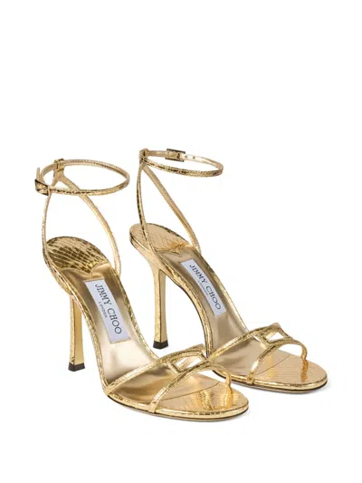 Jimmy Choo Snake-embossed 1998 Leo Metallic Leather Ankle-strap Sandals In Gold