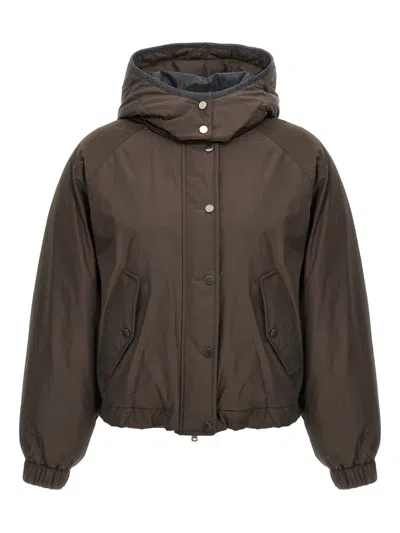 Brunello Cucinelli Green Jacket With Fixed Hood With Snap Buttons In Brown