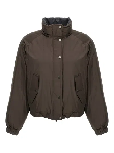 Brunello Cucinelli Green Jacket With Fixed Hood With Snap Buttons In Brown