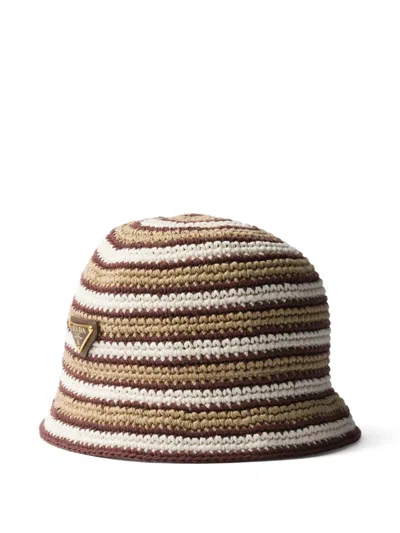 Prada Logo Cotton Crochet Bucket Hat In Gray