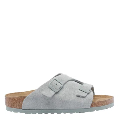Birkenstock Double Buckle Suede Sandals With Open Round Toe In Gray