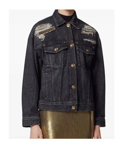 Versace Denim Jacket Distressed Front Pockets In Black