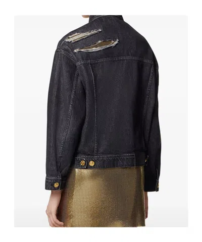 Versace Denim Jacket Distressed Front Pockets In Black