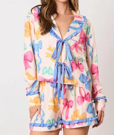 Peach Love Ribbon Bow Printed Pajama Set In Cream Multi Color In Multi