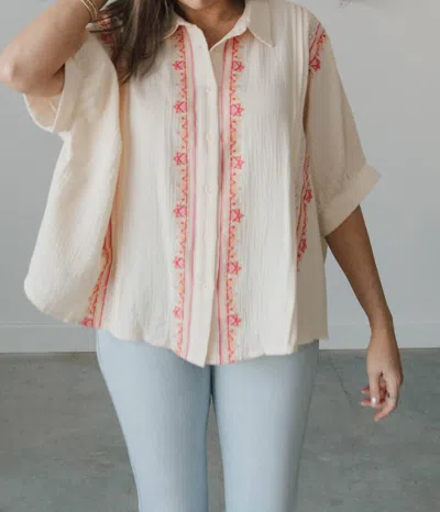 Easel Amelia Embroidered Button Down Shirt In Natural In White