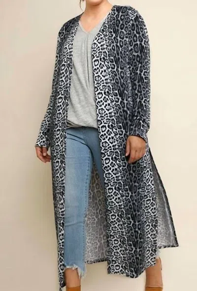 Umgee Jaguar Print Open Front Long Body Cardigan In Stone Mix In Blue