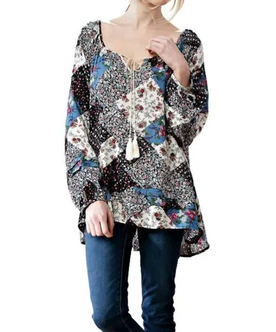 Kori Patchwork Print Top In Navy In Multi