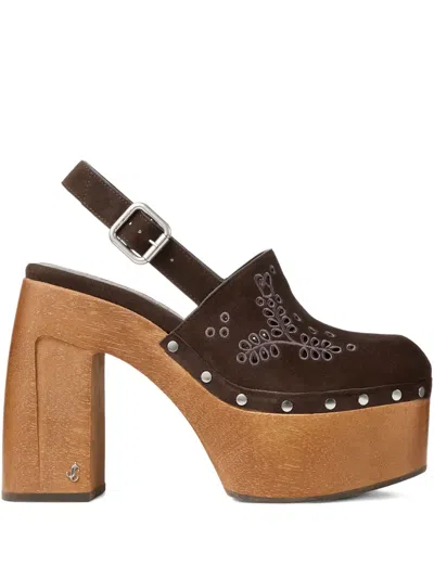 Jimmy Choo Alida 135 Embroidered Studded Suede Platform Clogs In Brown