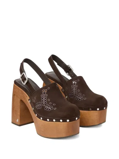 Jimmy Choo Alida 135 Embroidered Studded Suede Platform Clogs In Brown