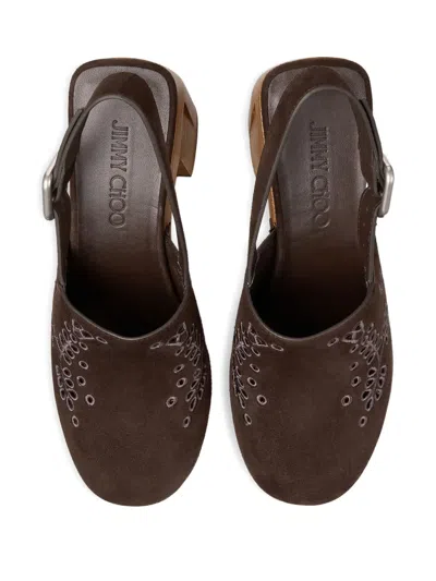 Jimmy Choo Alida 135 Embroidered Studded Suede Platform Clogs In Brown