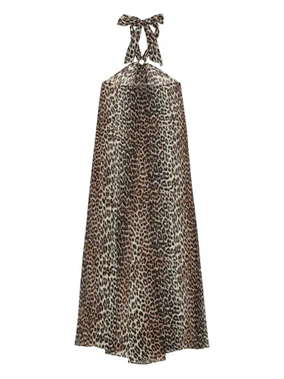 Ganni Womens Leopard Halterneck Woven Midi Dress In Animal Print