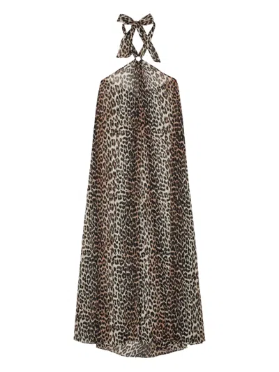 Ganni Womens Leopard Halterneck Woven Midi Dress In Animal Print