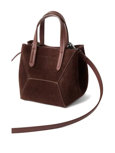 Brunello Cucinelli Women Brown Crossbody Bag With Adjustable And Removable Shoulder Strap In Suede W In Burgundy