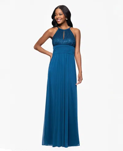 B & A By Betsy And Adam Petites Lace Long Halter Dress In Blue
