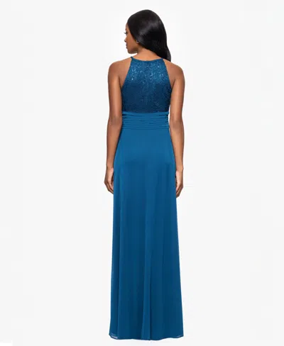 B & A By Betsy And Adam Petites Lace Long Halter Dress In Blue