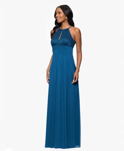 B & A By Betsy And Adam Petites Lace Long Halter Dress In Blue