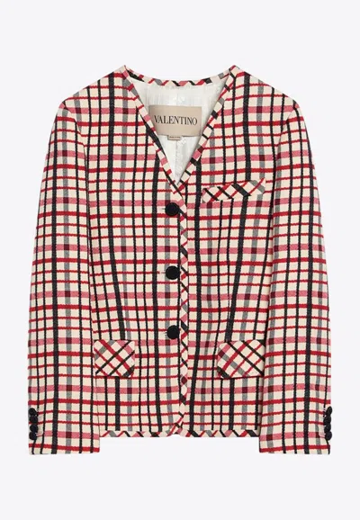 Valentino Check-pattern Jacket In Virgin Wool And Cotton In Red