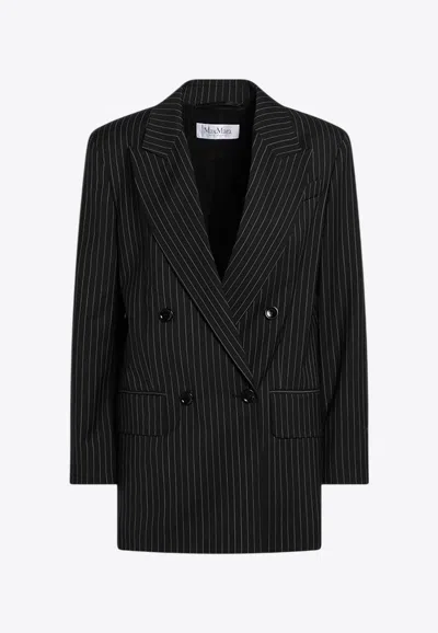 Max Mara Black Pinstriped Double-breasted Wool Jacket In Black